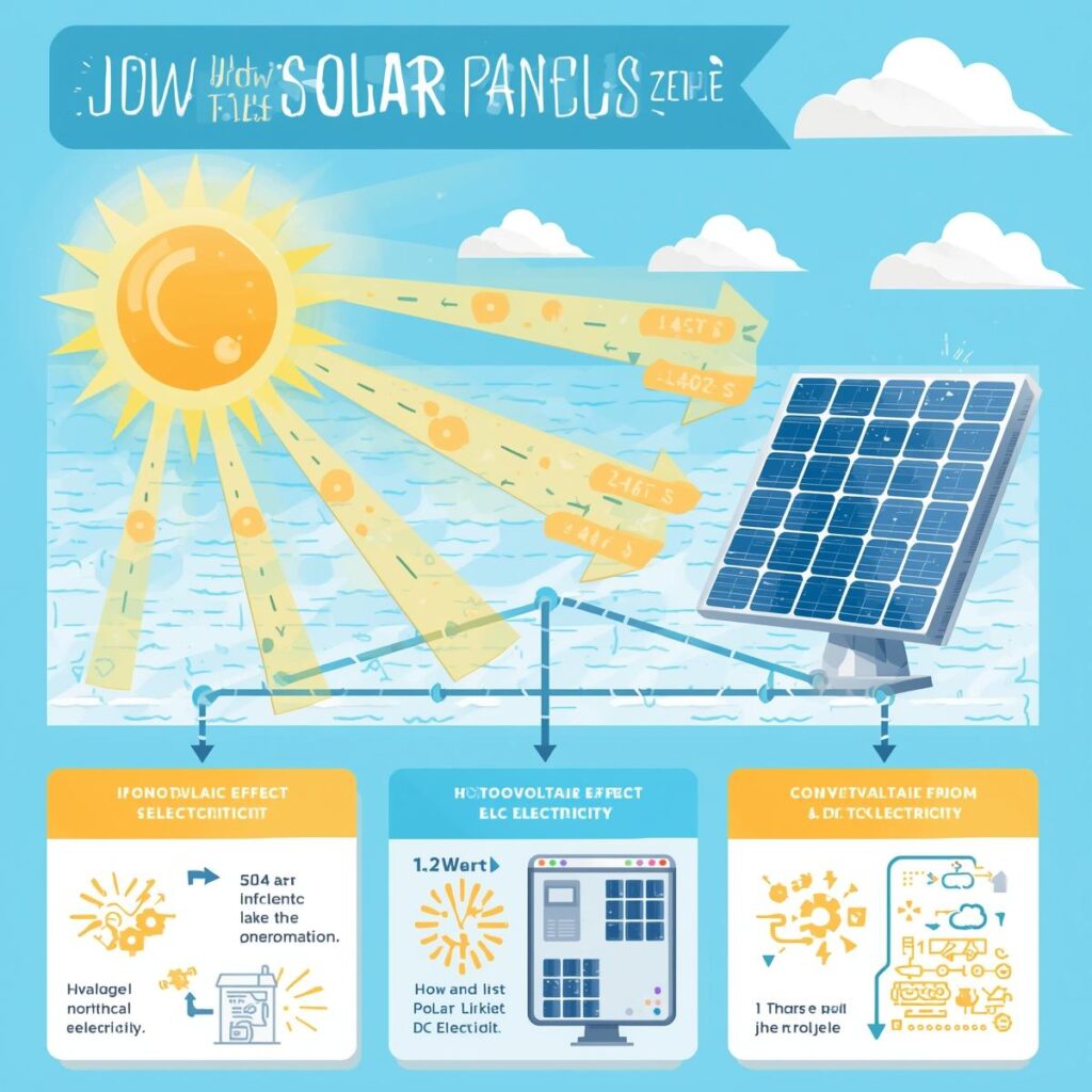 Diagram showing how solar panels convert sunlight into electricity using the photovoltaic effect, from photon absorption to AC power generation.