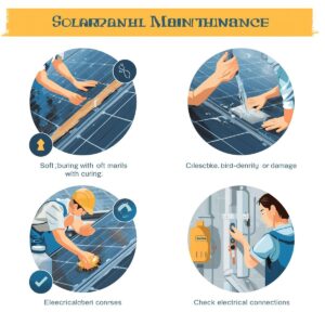 اینفوگرافیک آموزشی نگهداری پنل خورشیدی شامل 10 نکته: تمیز کردن دوره‌ای، بازرسی بصری، هرس درختان، بررسی اتصالات، مانیتورینگ عملکرد، بررسی ساختار، پاک کردن برف، تشخیص نقاط داغ، محافظت از پرندگان و استفاده از خدمات حرفه‌ای